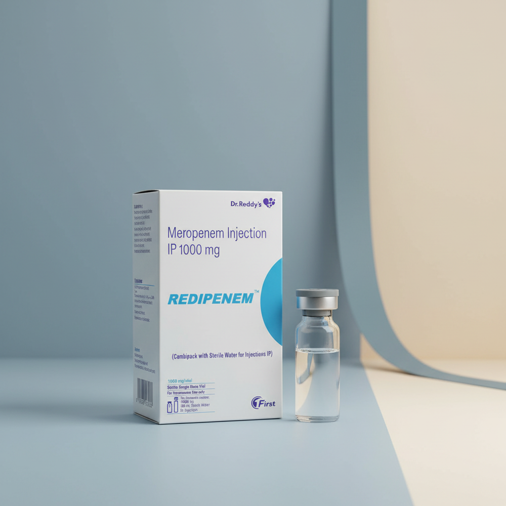 Meropenem REDIPENEM 1000 Injection vial and packaging on a gradient background.
