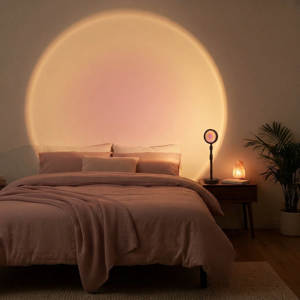 A sunset projection lamp casts a warm, golden glow on a bedroom wall, creating a peaceful environment for sleep.
