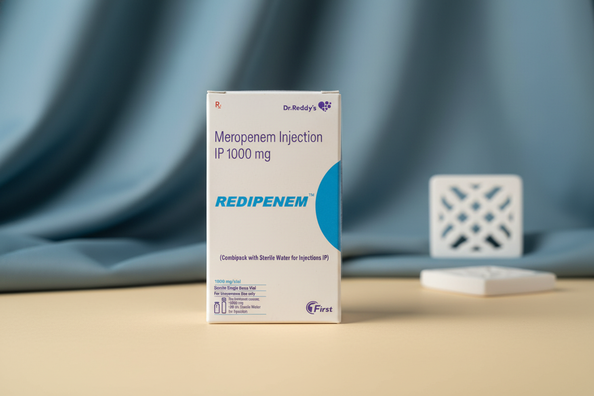 Close-up studio photograph of a single Meropenem - REDIPENEM 1000 Injection vial on a warm cream surface with a soft slate bl