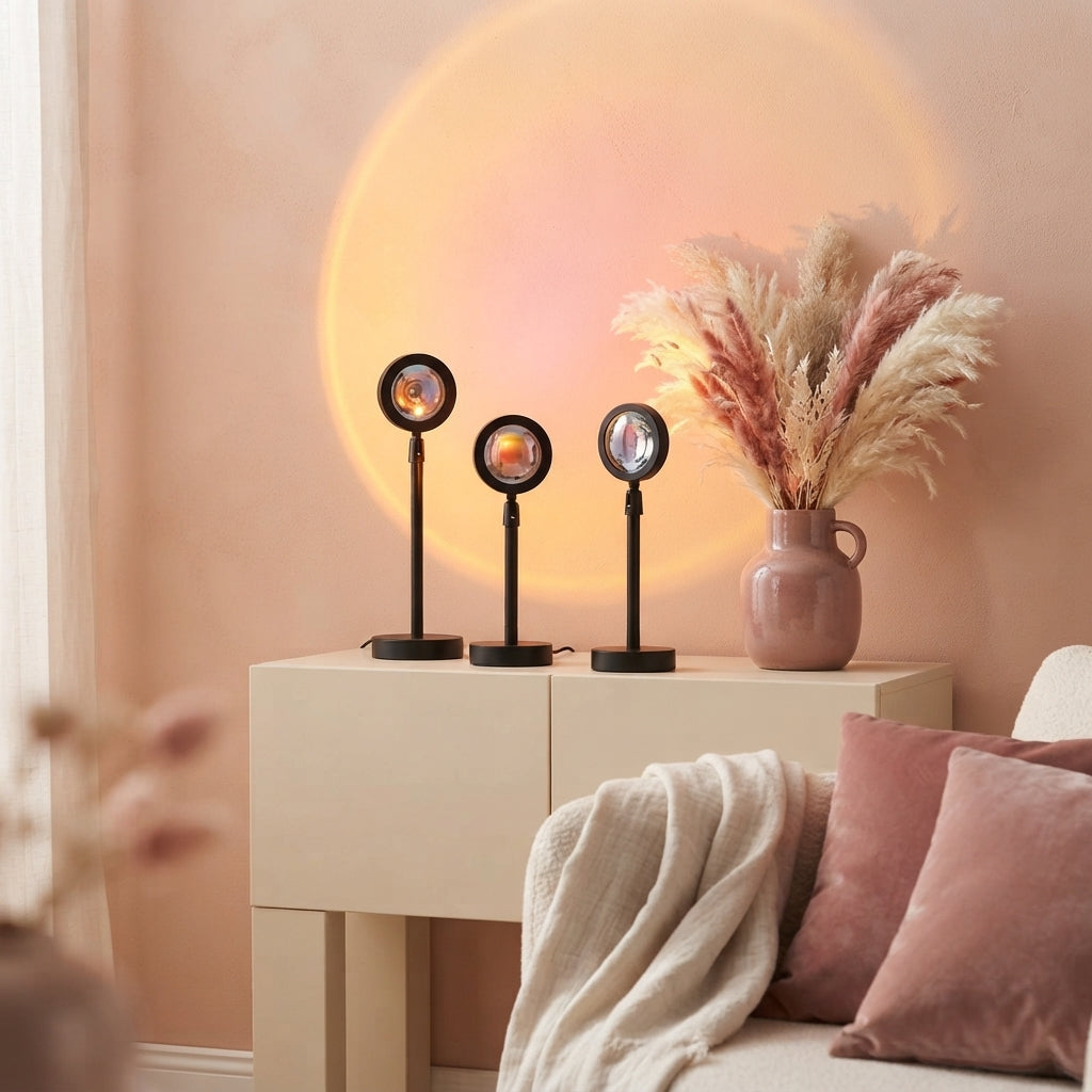 Three sunset projection lamps casting warm, colorful light against a soft peach wall in a cream-toned, modern living room.