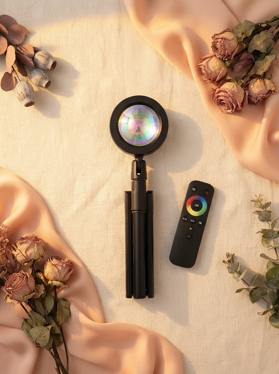 A sunset projection lamp and remote control arranged on a cream linen surface with peach and dusty rose accents.